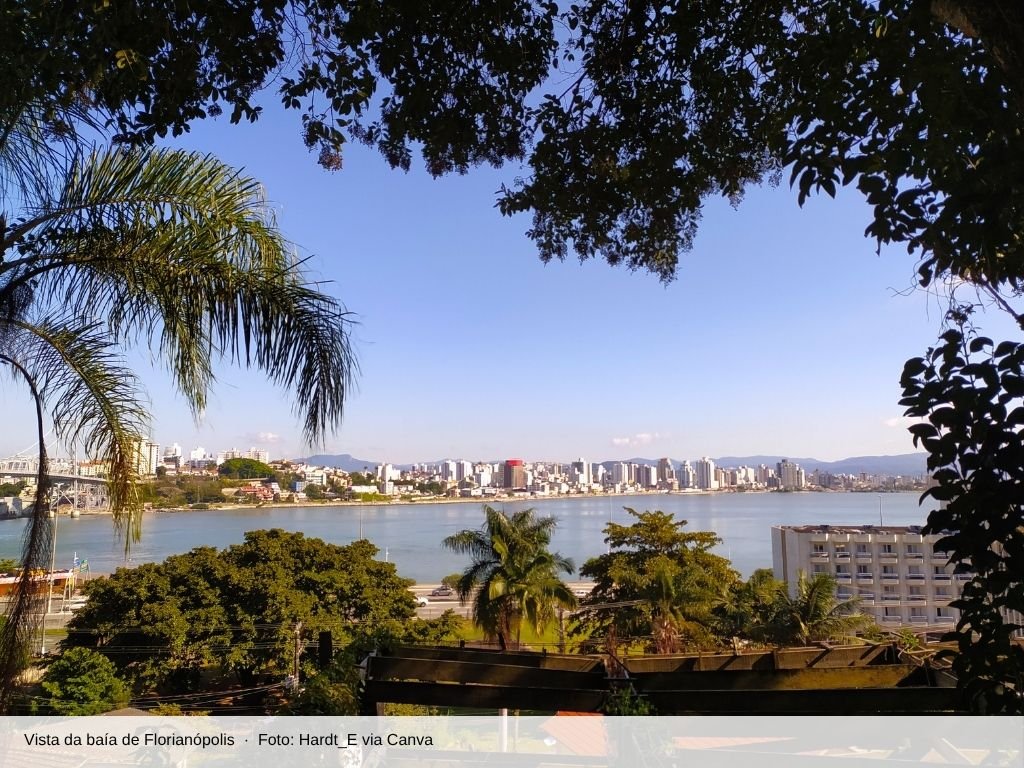 Vista da baía de Florianópolis entre árvores