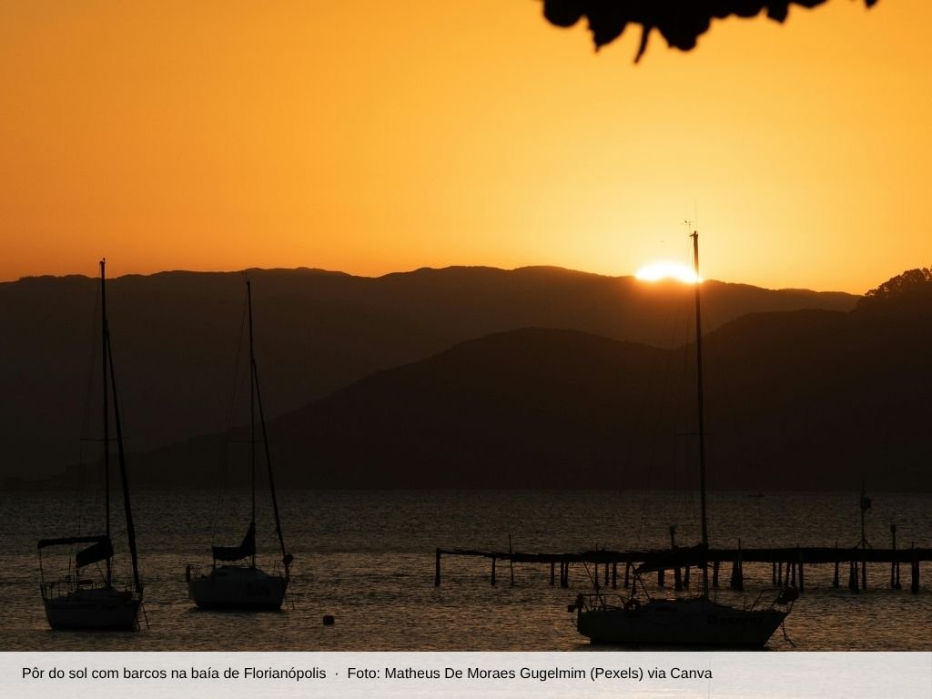 Pôr do sol com veleiros na baía de Florianópolis