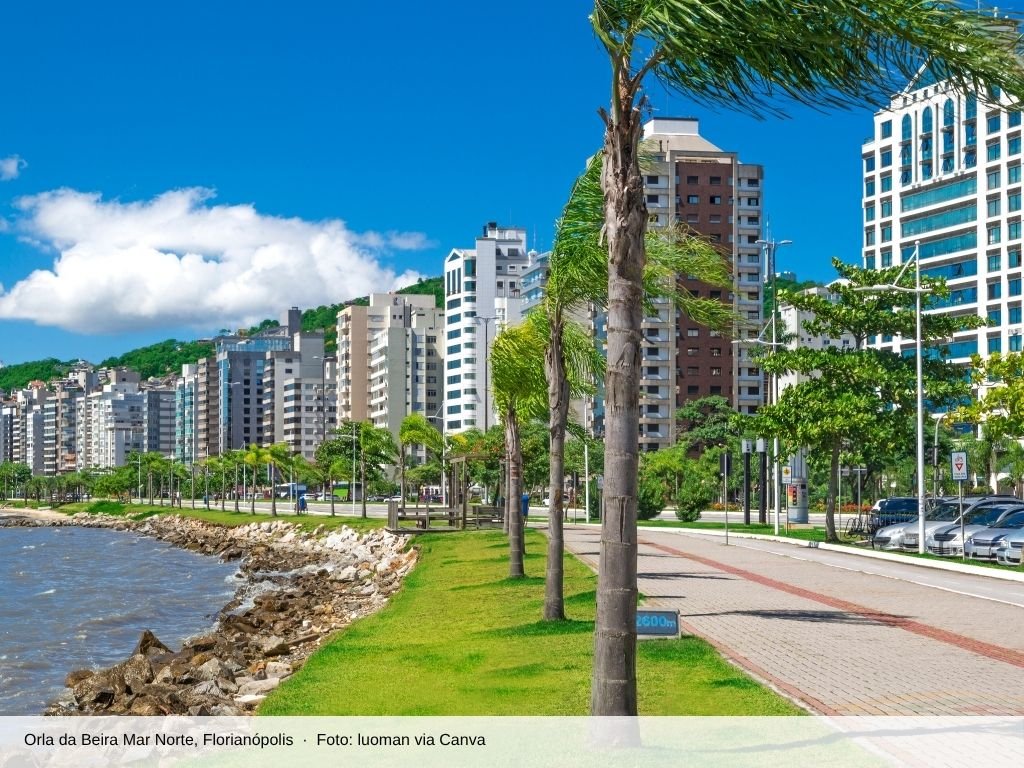 Orla da Beira-Mar Norte com calçadão e prédios, Florianópolis