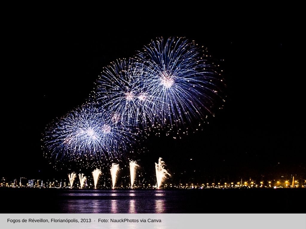 Fogos de Réveillon sobre a baía de Florianópolis à noite