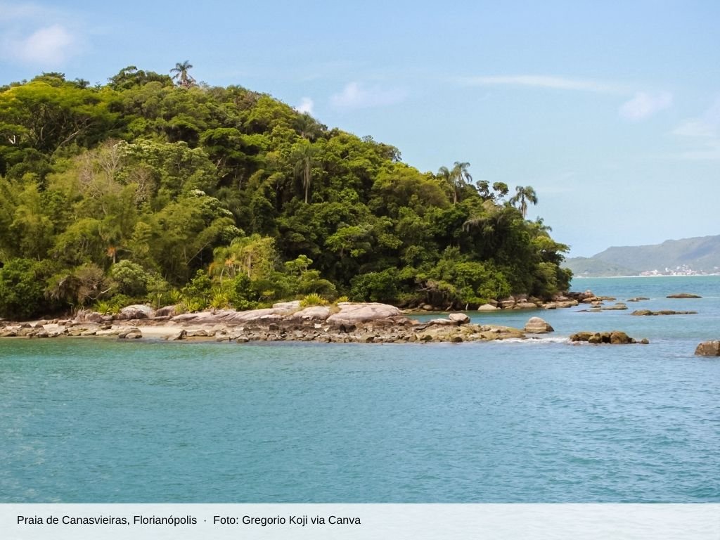 Praia de Canasvieiras com mar calmo e costão verde