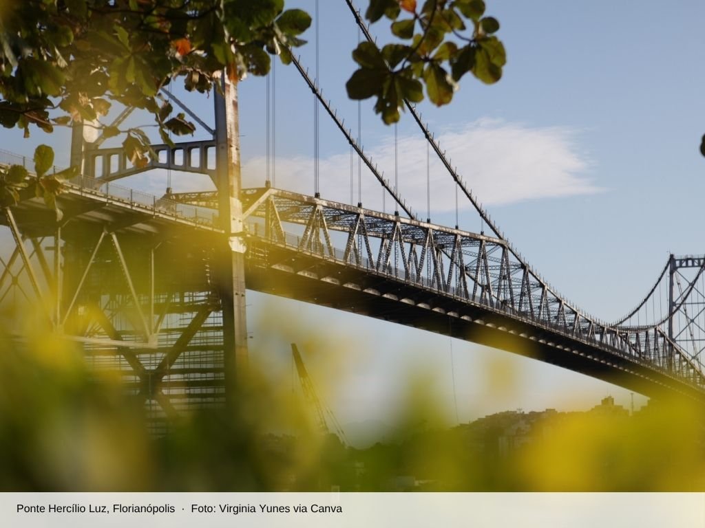 Estrutura metálica da Ponte Hercílio Luz entre as árvores